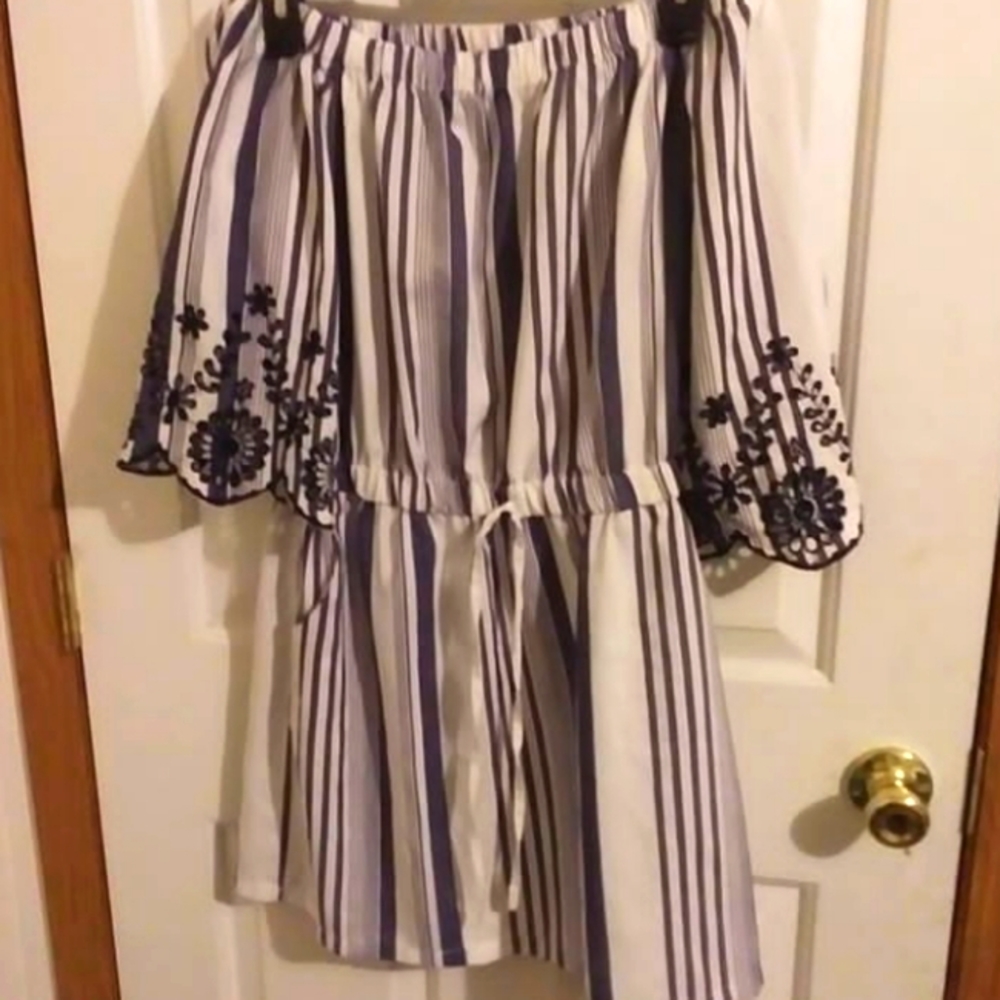 White and blue stripped off the shoulder dress